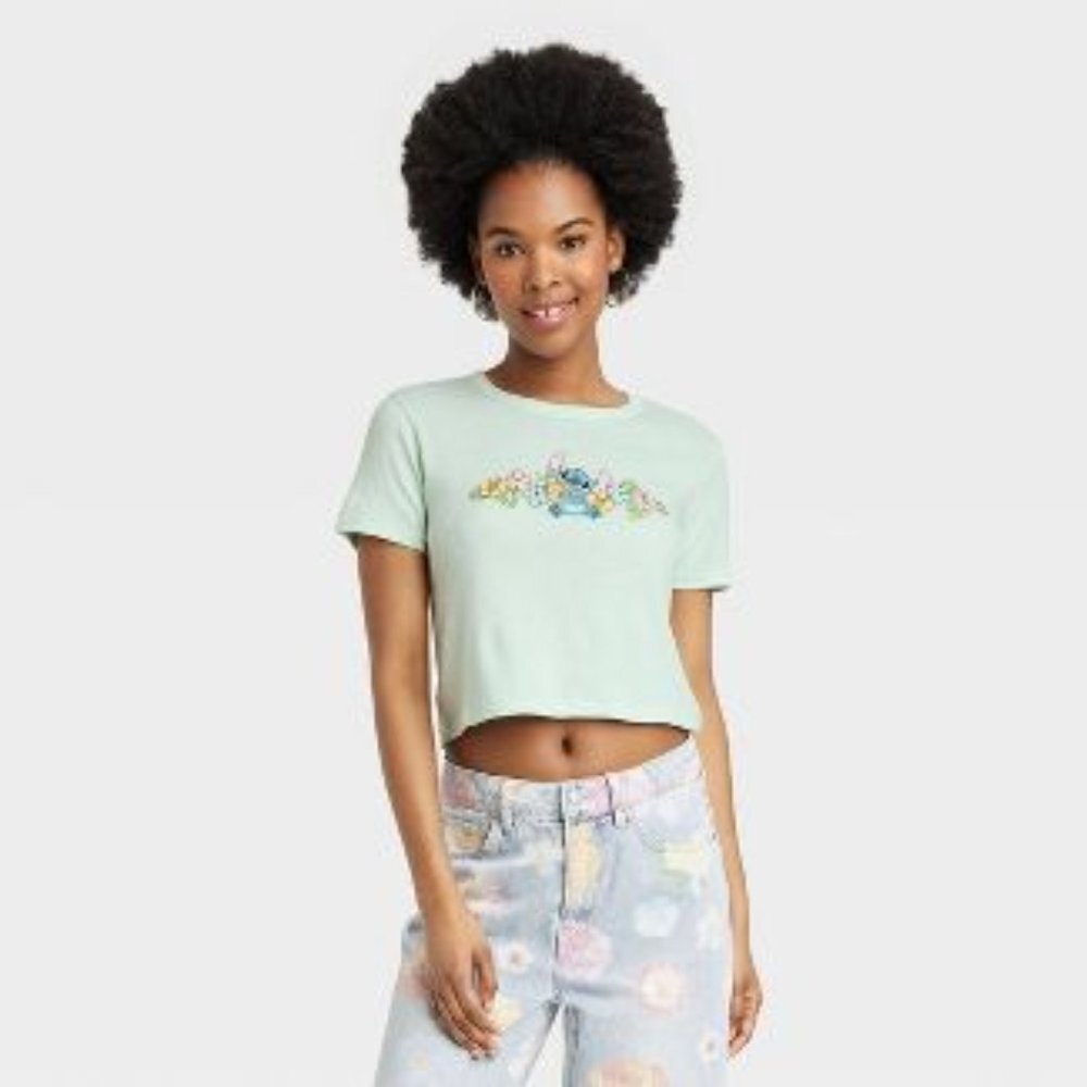 S Women's Disney Stitch Short Sleeve Graphic Baby T-Shirt - Green